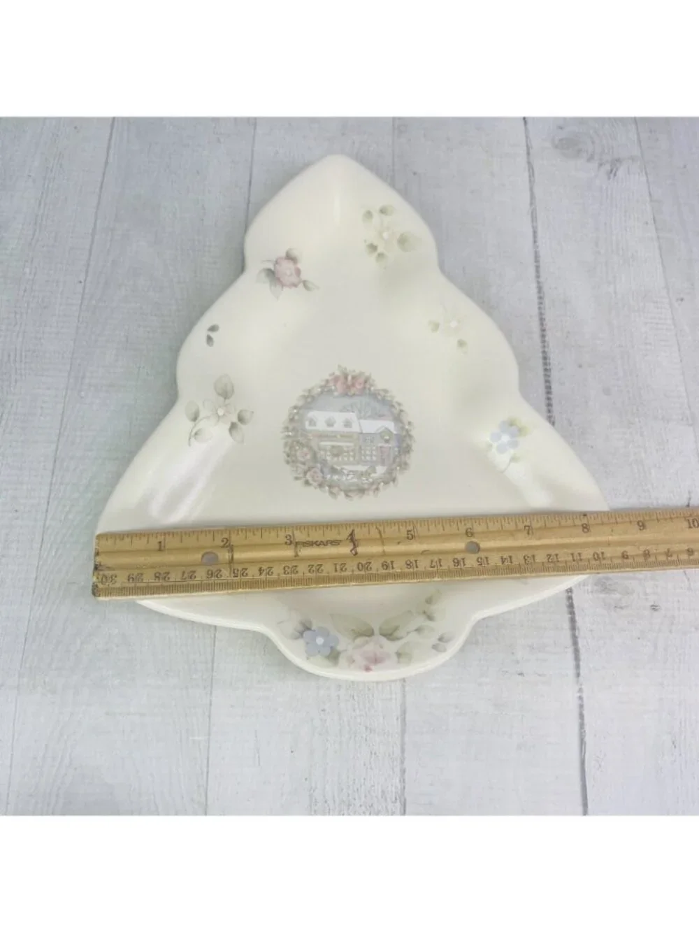1980's Pfaltzgraff TEA ROSE Pink Roses Blue Flowers Stoneware Tree Shape Dish